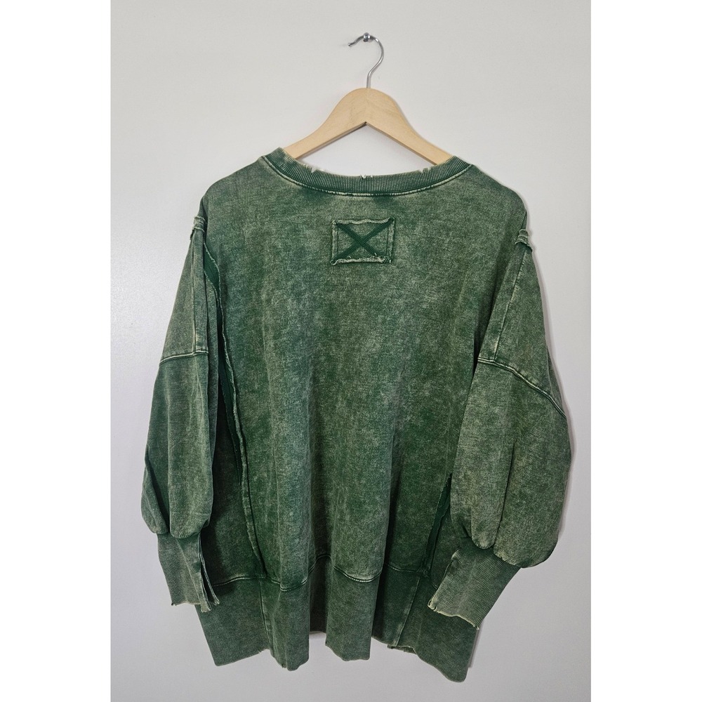 Zenana Sweatshirt Womens S/M Green Good Mineral Wash Distressed Oversized Seam - Picture 2 of 5